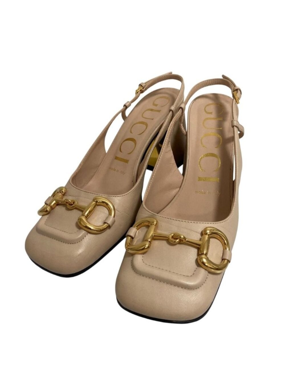 Gucci Horsebit Square Toe Chunky Heel Slingback Pumps Pink Beige Spring